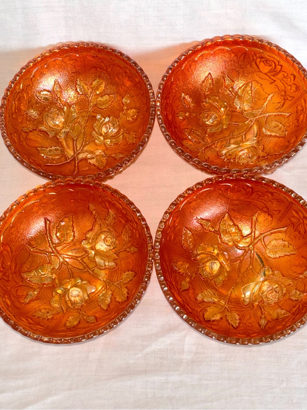 Vintage Imperial Carnival Glass Open Rose Beaded Berry Bowls Marigold Lustre